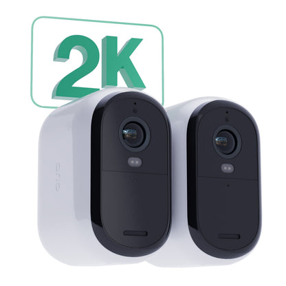Arlo Essential 2K XL overvågningskameraer side om side med grøn 2K-grafik til videoopløsning og nattesyn.