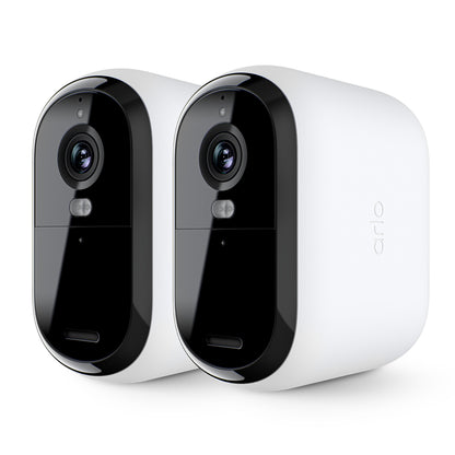 Arlo Essential 2K XL overvågningskameraer, hvid med sort front, linser og sensorer, 2-pak.