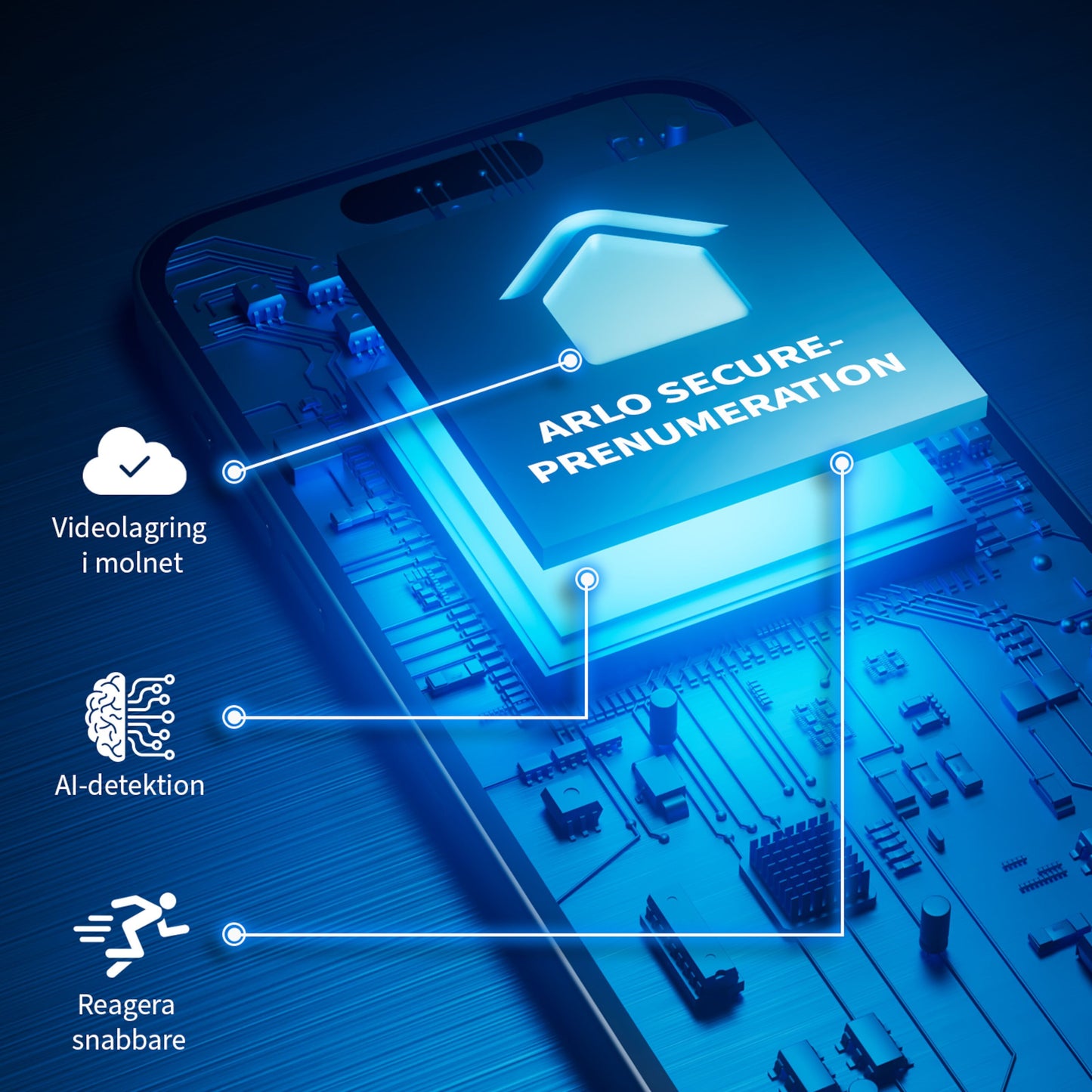 Microchip med ARLO SECURE-PRENUMERATION label på printplade, ikoner og svensk tekst om cloudlager og AI-detektion.