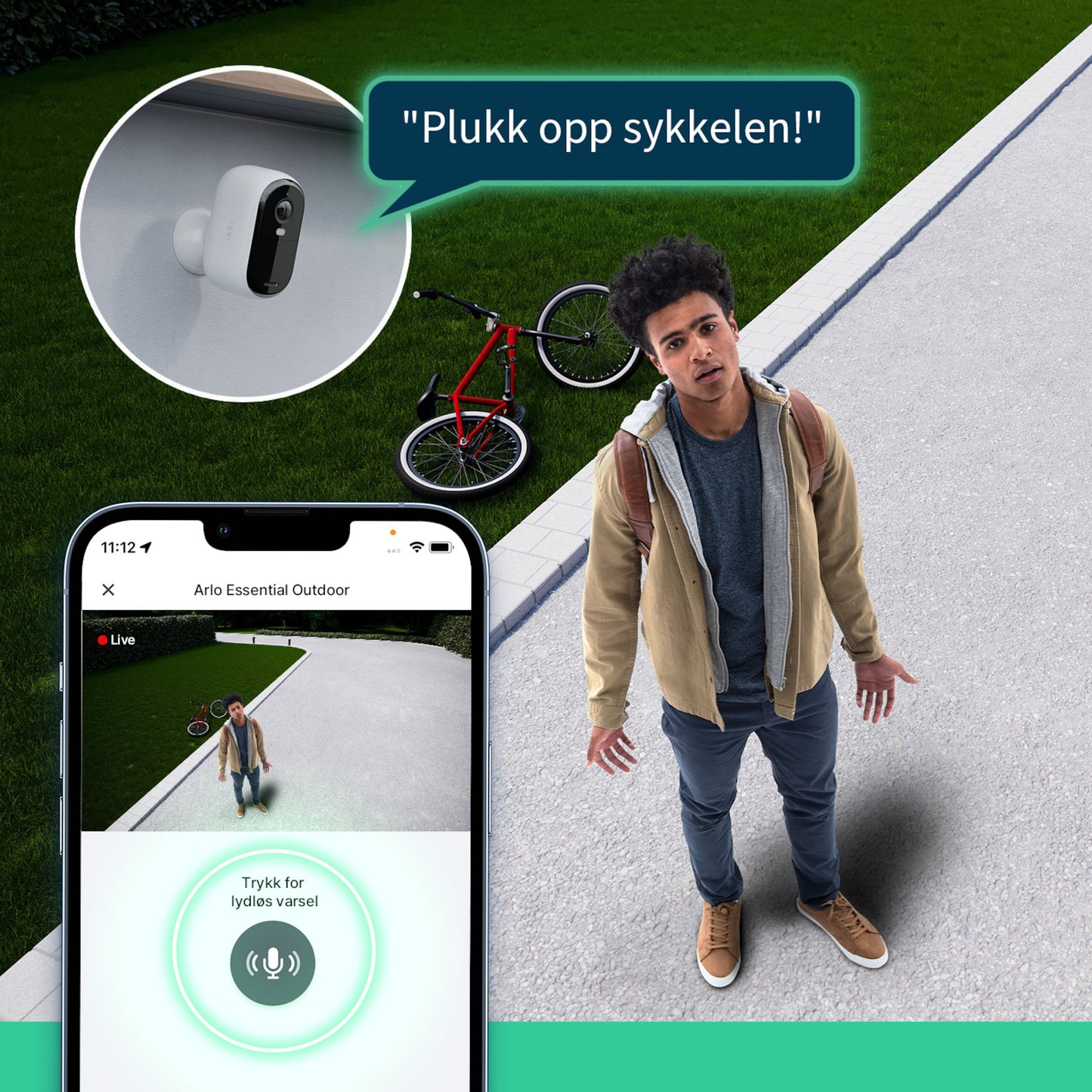 Arlo Essential 2K XL overvågningskamera, synlig app-skærm med "Tryk for lydløs varsel" og "Plukk opp sykkelen.