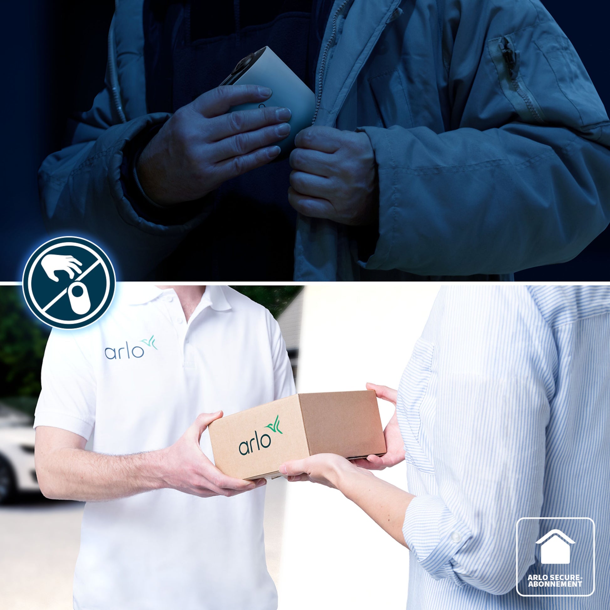 Arlo Essential 2K XL overvågningskamera aktivt, vises i brug med nattesyns-, sikkerheds- og leveringsikoner.