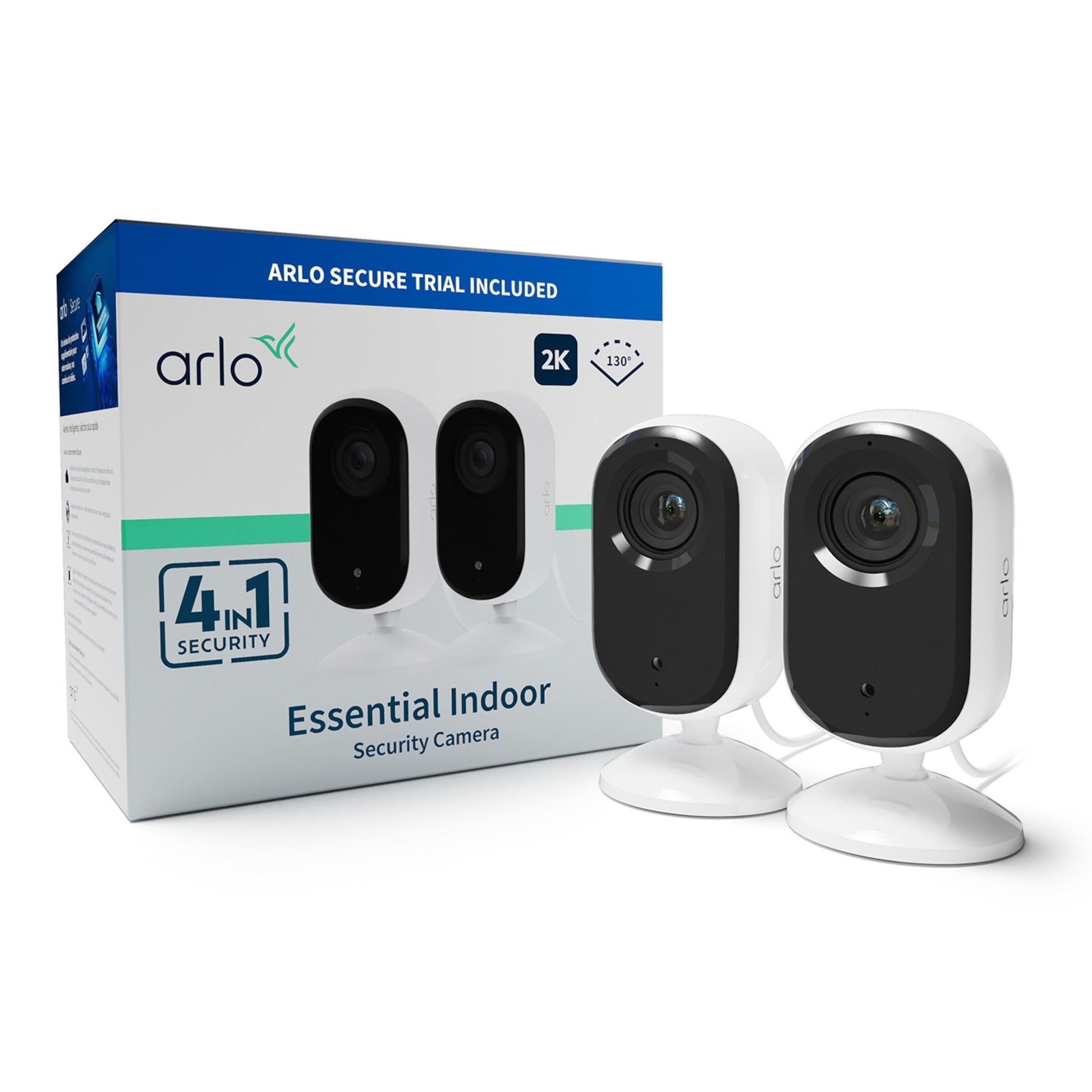Arlo Essential 2K indendørskameraer med 2K opløsning 120° synsvinkel bevægelsesregistrering automatisk linsedækning.