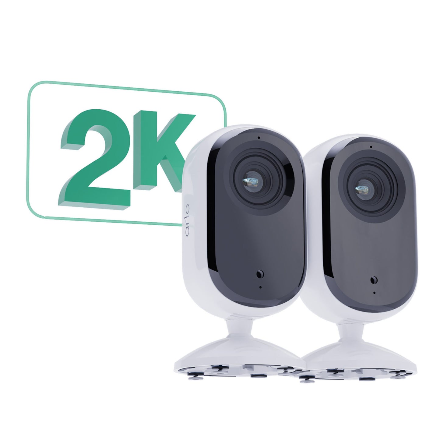 Arlo Essential 2K indendørskameraer side om side på stativer med grøn 2K videoopløsning og bevægelsesregistrering grafik.