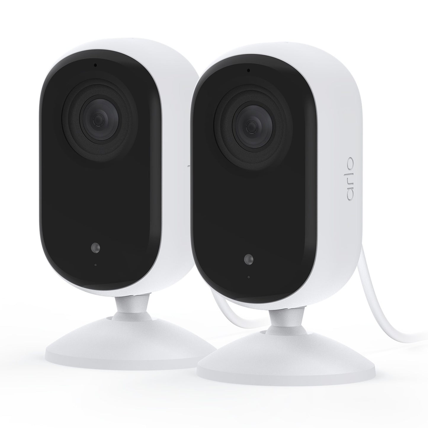 Arlo Essential 2K indendørskamera 2-pakke, hvid/sort, runde kanter, bevægelsesregistrering, Arlo-logo synligt.