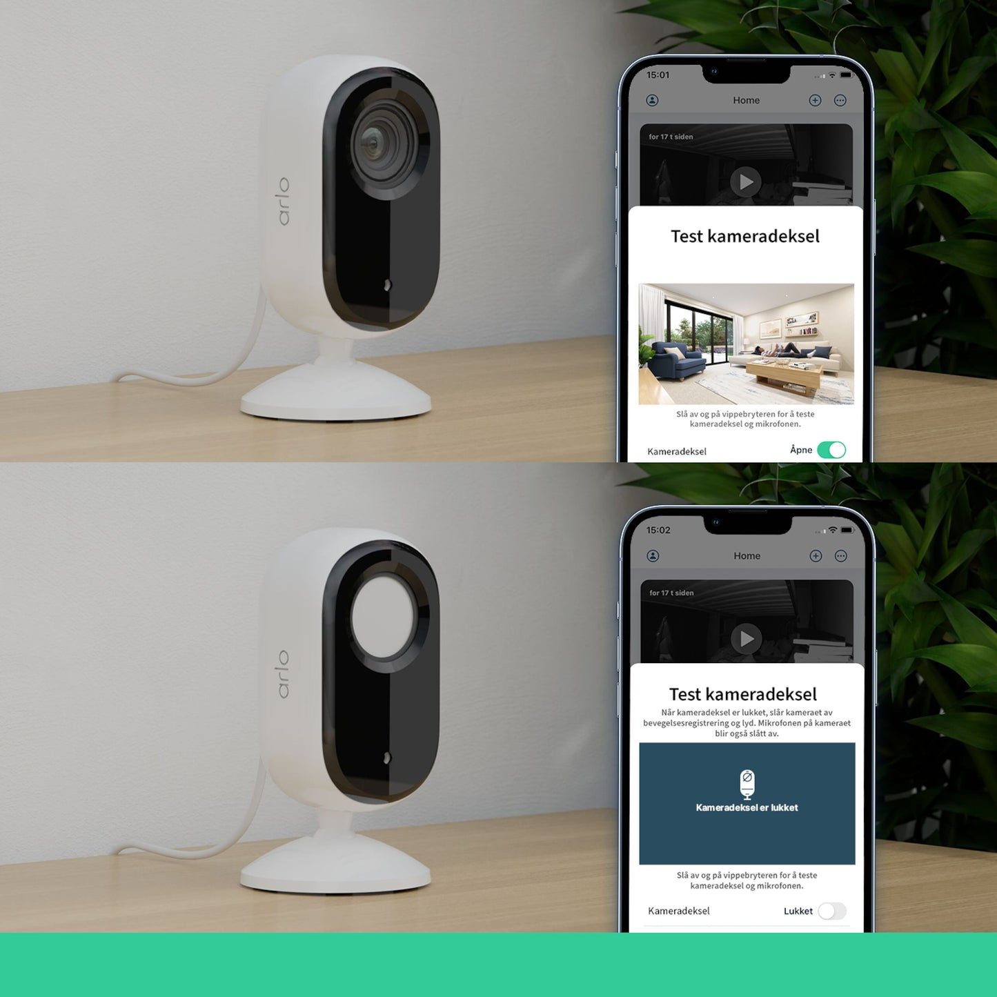Arlo Essential 2K indendørskamera 2-pak med åben/lukket linsedækning og norsk Arlo-app til kameraindstillinger.