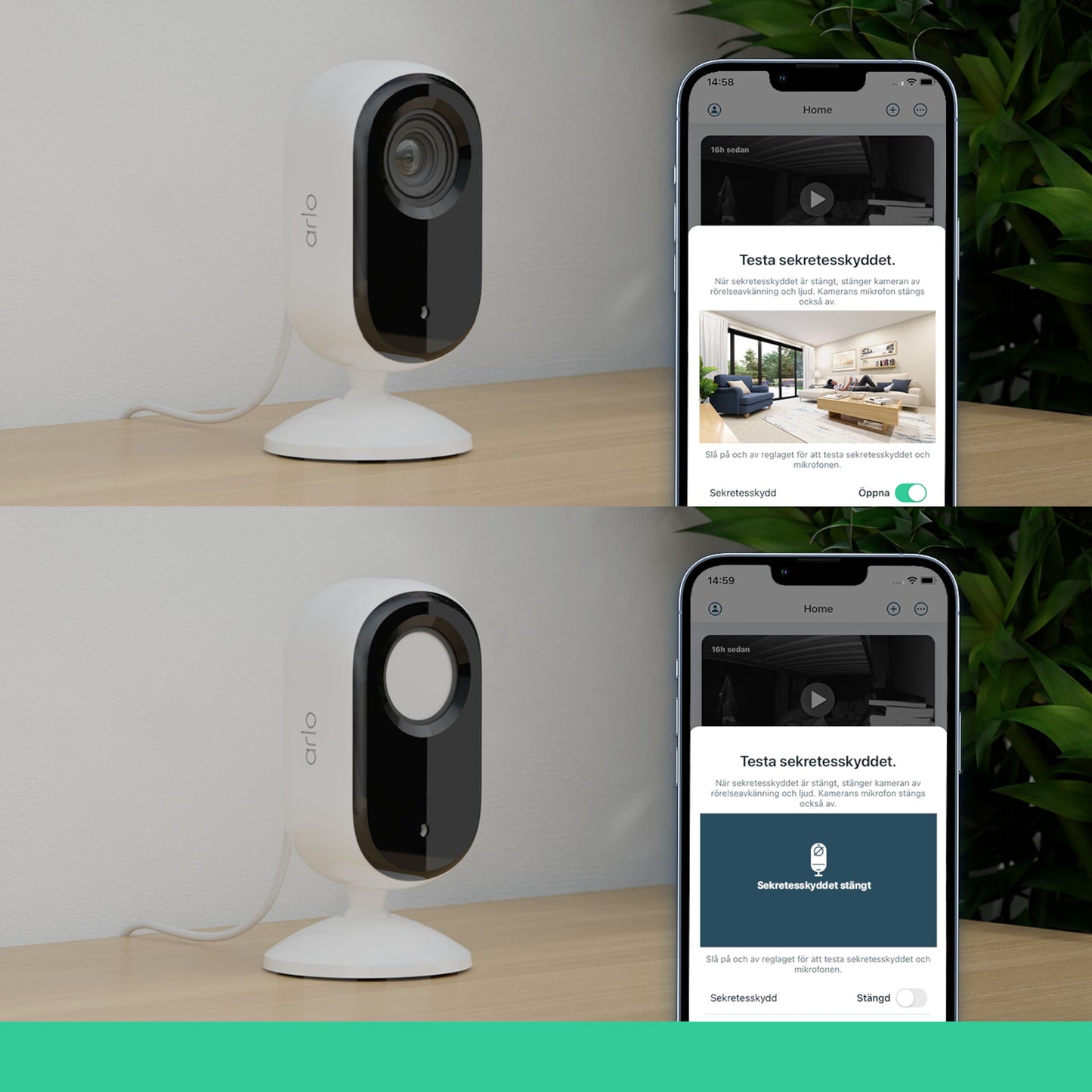 Arlo Essentiel 2K indendørskamera 2-pakke på bord, smartphone med privacy mode og automatisk linsedækning, grøn bjælke.