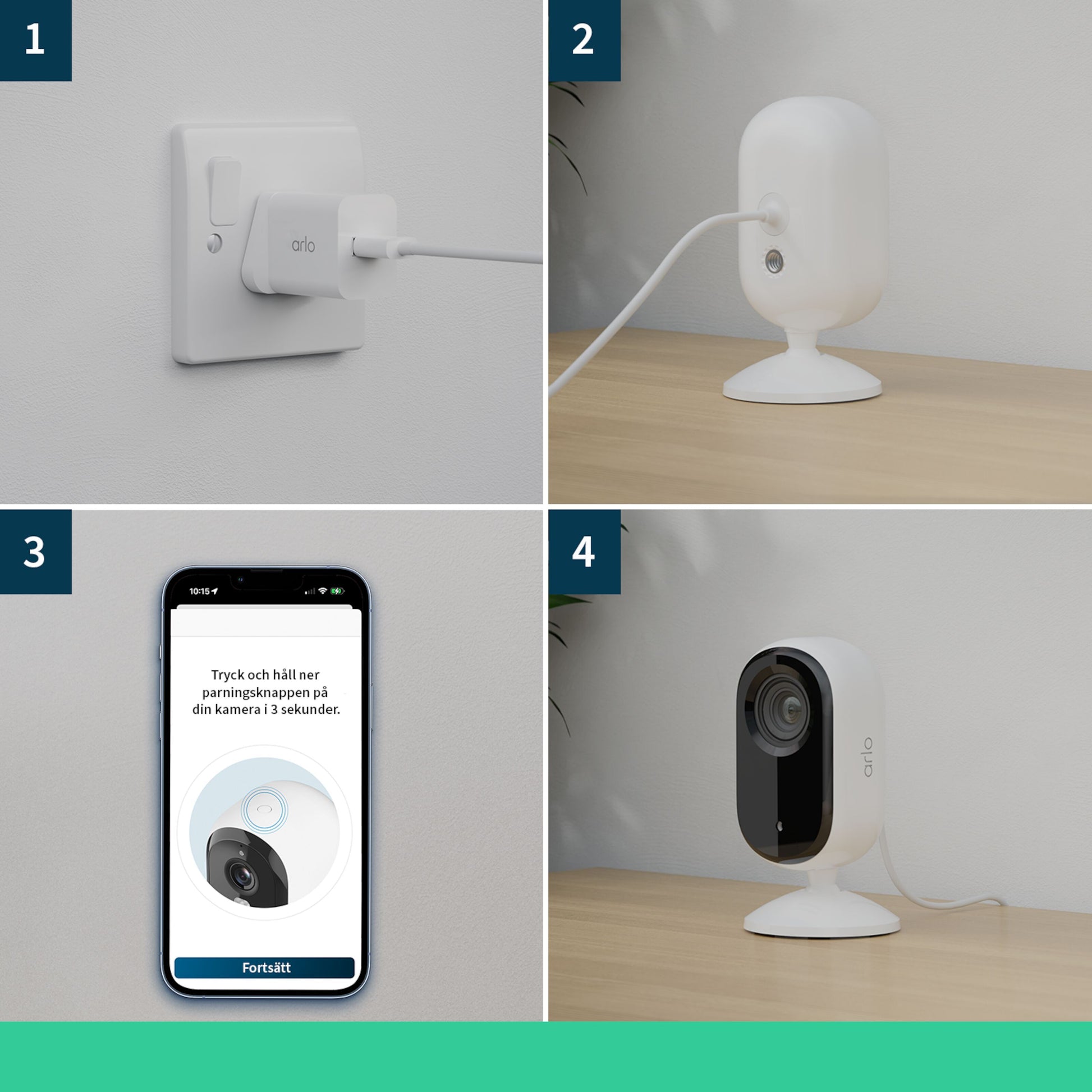 Arlo Essential 2K indendørs kamera 2-pakke i sort, manuel med trin til installation via mobil, automatisk lukkedækning.