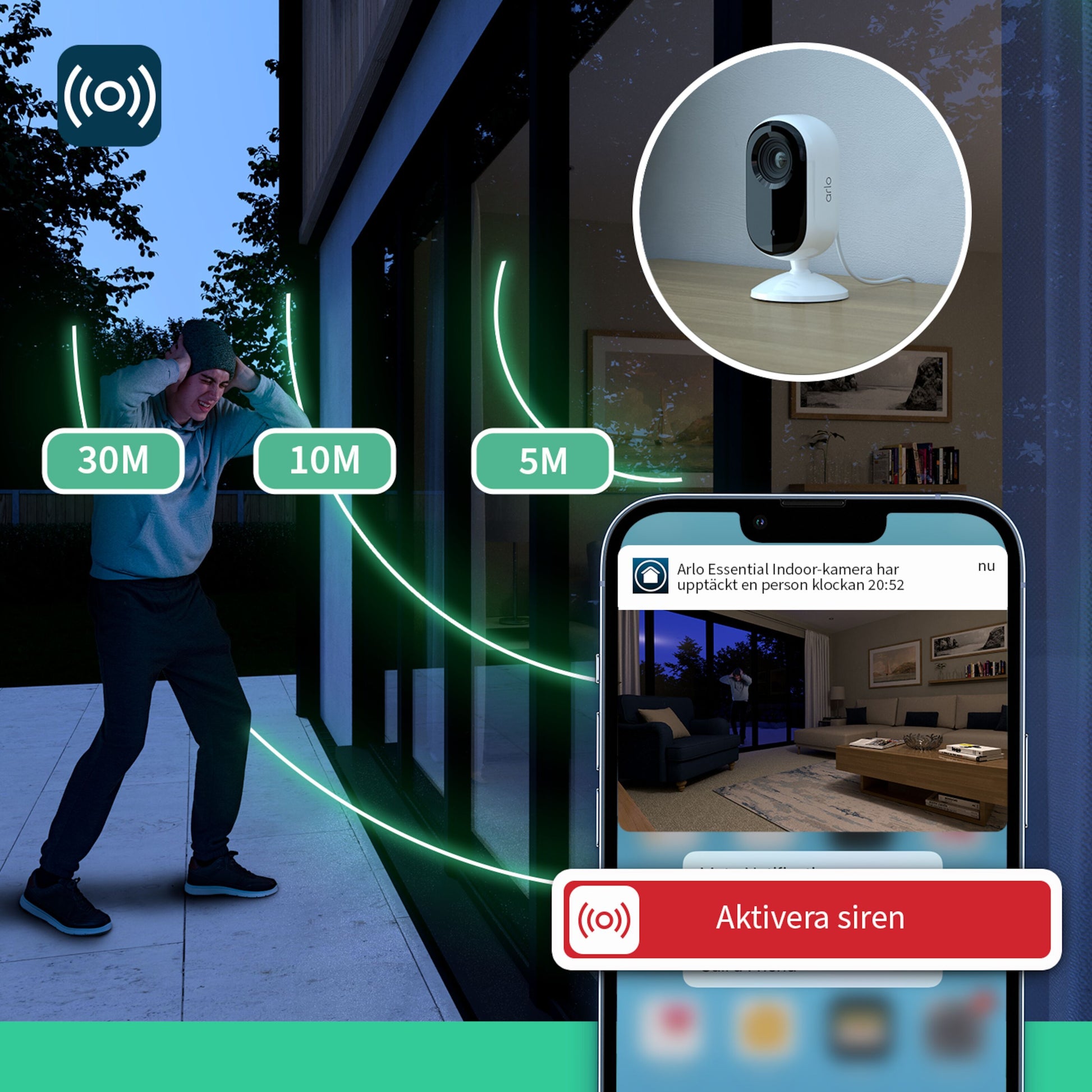 Arlo Essential 2K indendørskamera 2-pak viser bevægelsesregistrering ved 5, 10 og 30 m samt app-notifikation.