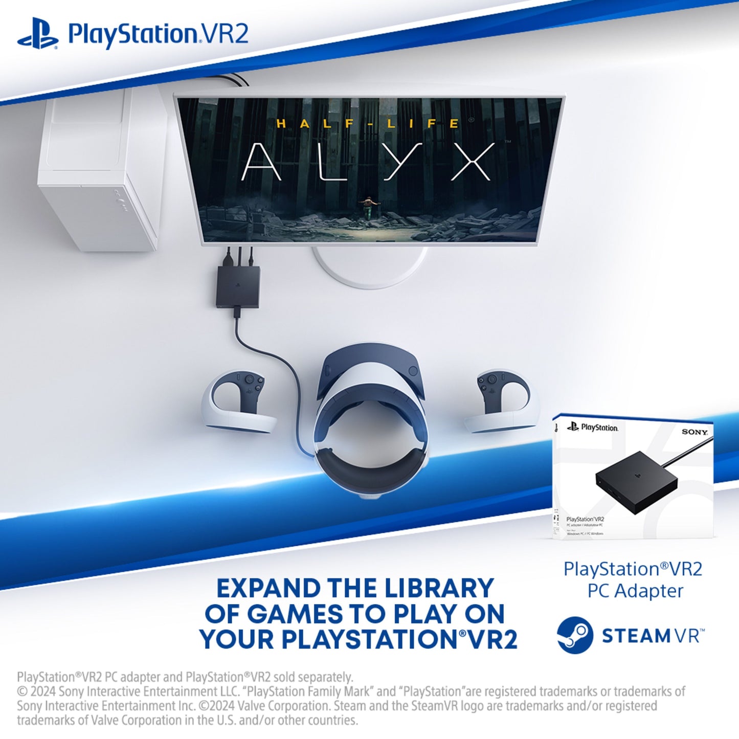 PlayStation VR2 headset, controllere og PC-adapter foran skærm med Half-Life: Alyx, SteamVR og PlayStation-logo.