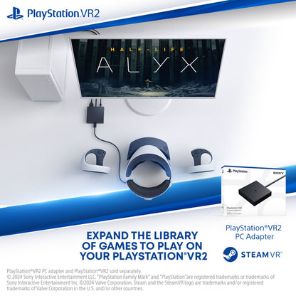 PlayStation VR2 headset, controllere og PC-adapter foran skærm med Half-Life: Alyx, SteamVR og PlayStation-logo.