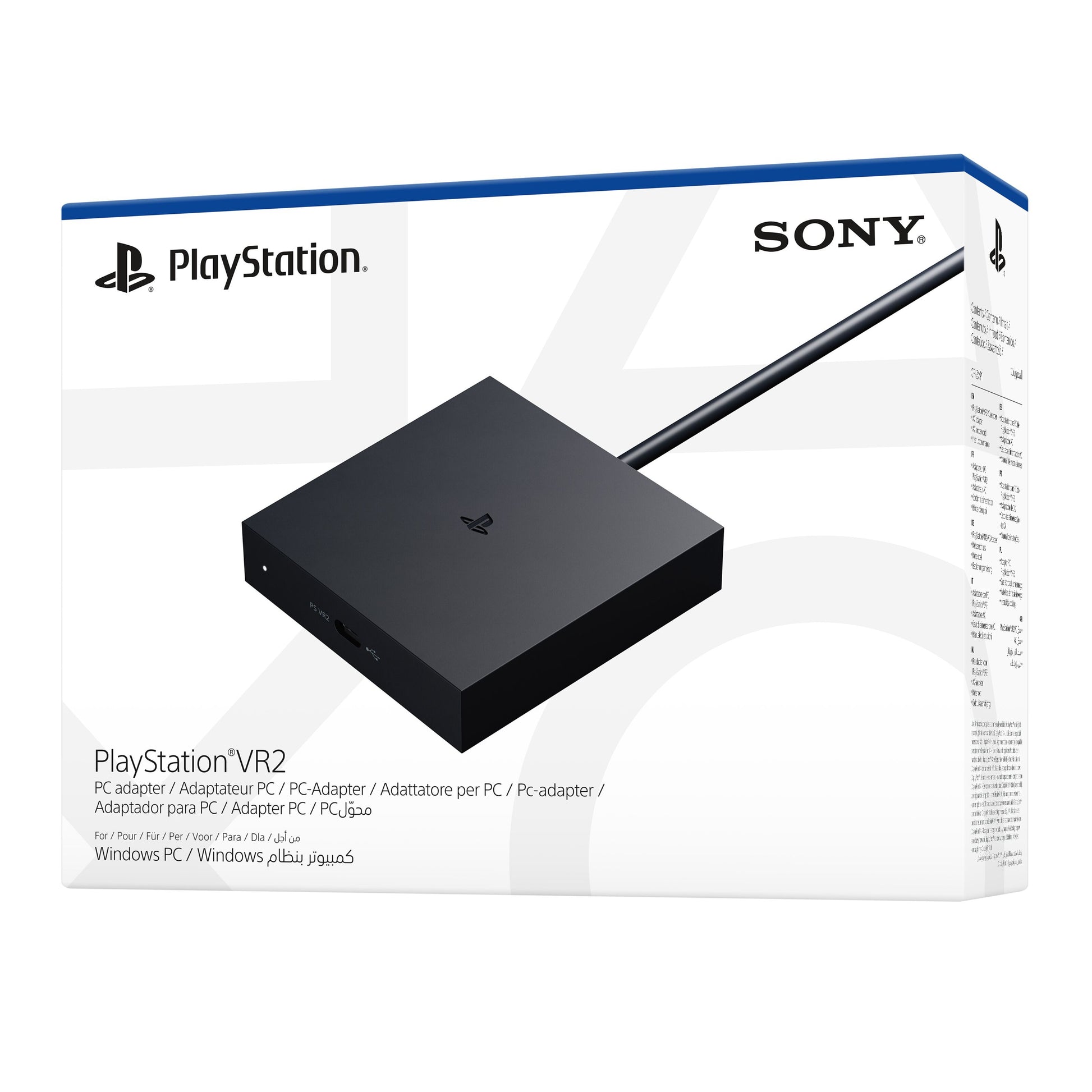 PlayStation VR2 PC-adapter æske med PlayStation-logo, sort adapter og ledning til Windows PC.