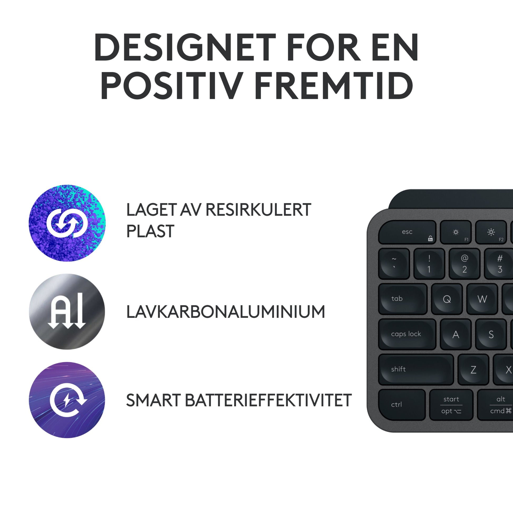 Logitech MX Keys S trådløst tastatur grafit med baggrundsbelyste taster, ikoner til genbrugsplast og lav CO2-aluminium.