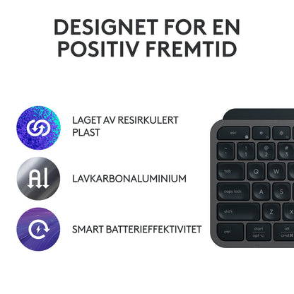 Logitech MX Keys S trådløst tastatur grafit med baggrundsbelyste taster, ikoner til genbrugsplast og lav CO2-aluminium.