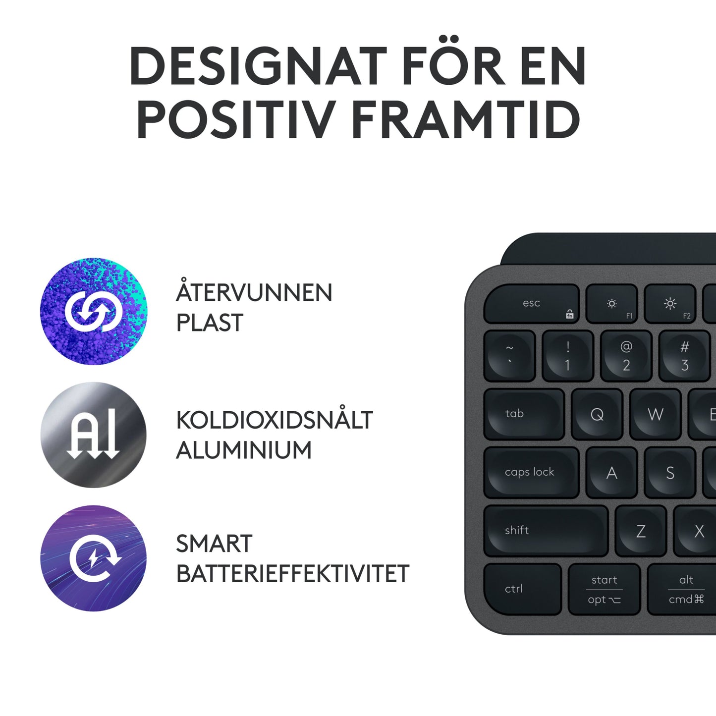 Logitech MX Keys S Trådløst tastatur grafit med baggrundsbelyste taster ikoner for genbrugsplast lavemissionsaluminium smart batteri.