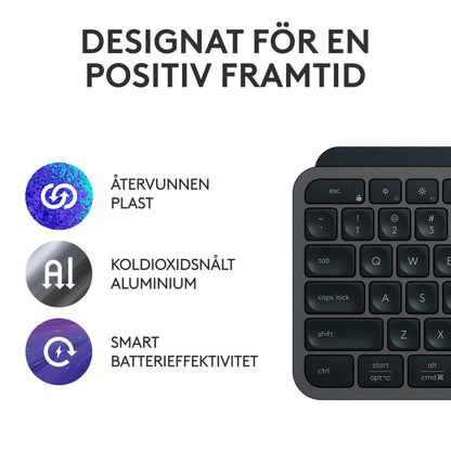 Logitech MX Keys S Trådløst tastatur grafit med baggrundsbelyste taster ikoner for genbrugsplast lavemissionsaluminium smart batteri.