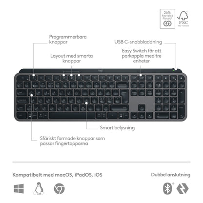 Logitech MX Keys S trådløst tastatur grafit, svensk layout, programmerbar taster, USB-C opladning, baggrundsbelyst.