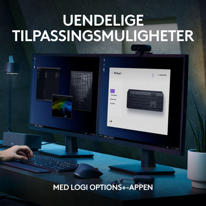 Logitech MX Keys S trådløst tastatur grafit, baggrundsbelyste taster, tekst: tilpasning med Logi Options+-appen.