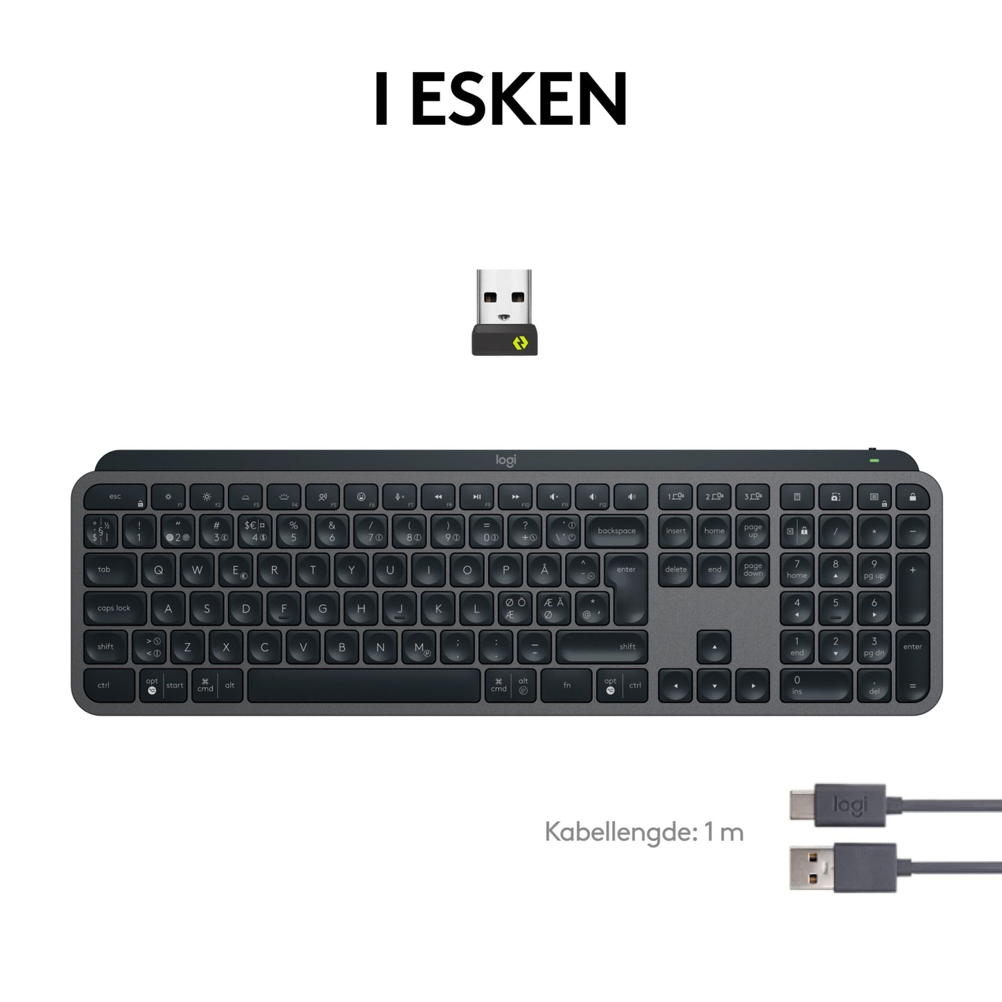 Logitech MX Keys S trådløst tastatur grafit med numerisk tastatur, bagbelyste taster, USB-modtager, 1 m opladerkabel, tekst I ESKEN.