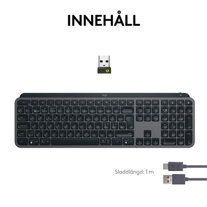 Logitech MX Keys S trådløst tastatur grafit, USB-modtager og ladekabel, tekst INNEHÅLL, kabel Sladdlängd: 1 m.