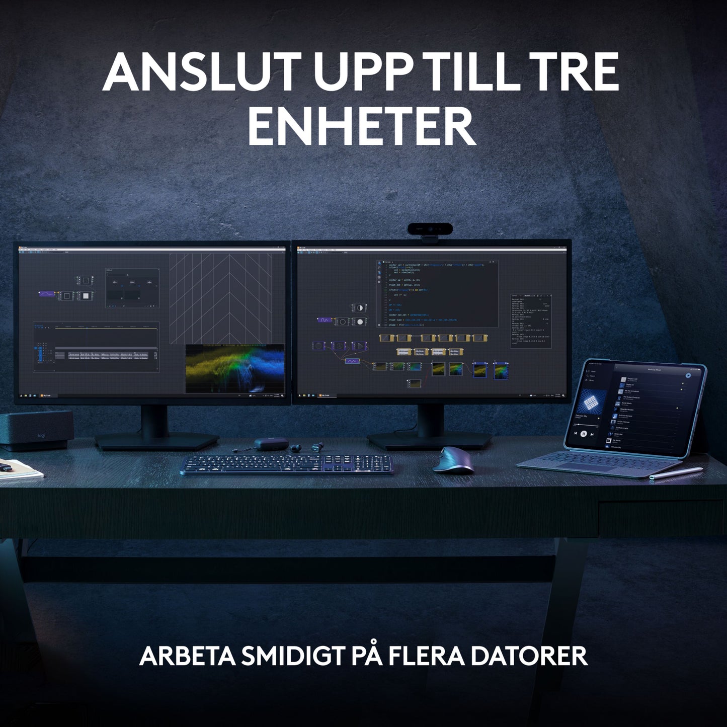 Logitech MX Keys S trådløst tastatur, grafit, bagbelyst, svensk layout, ses ved skrivebord med flere skærme og tablet.