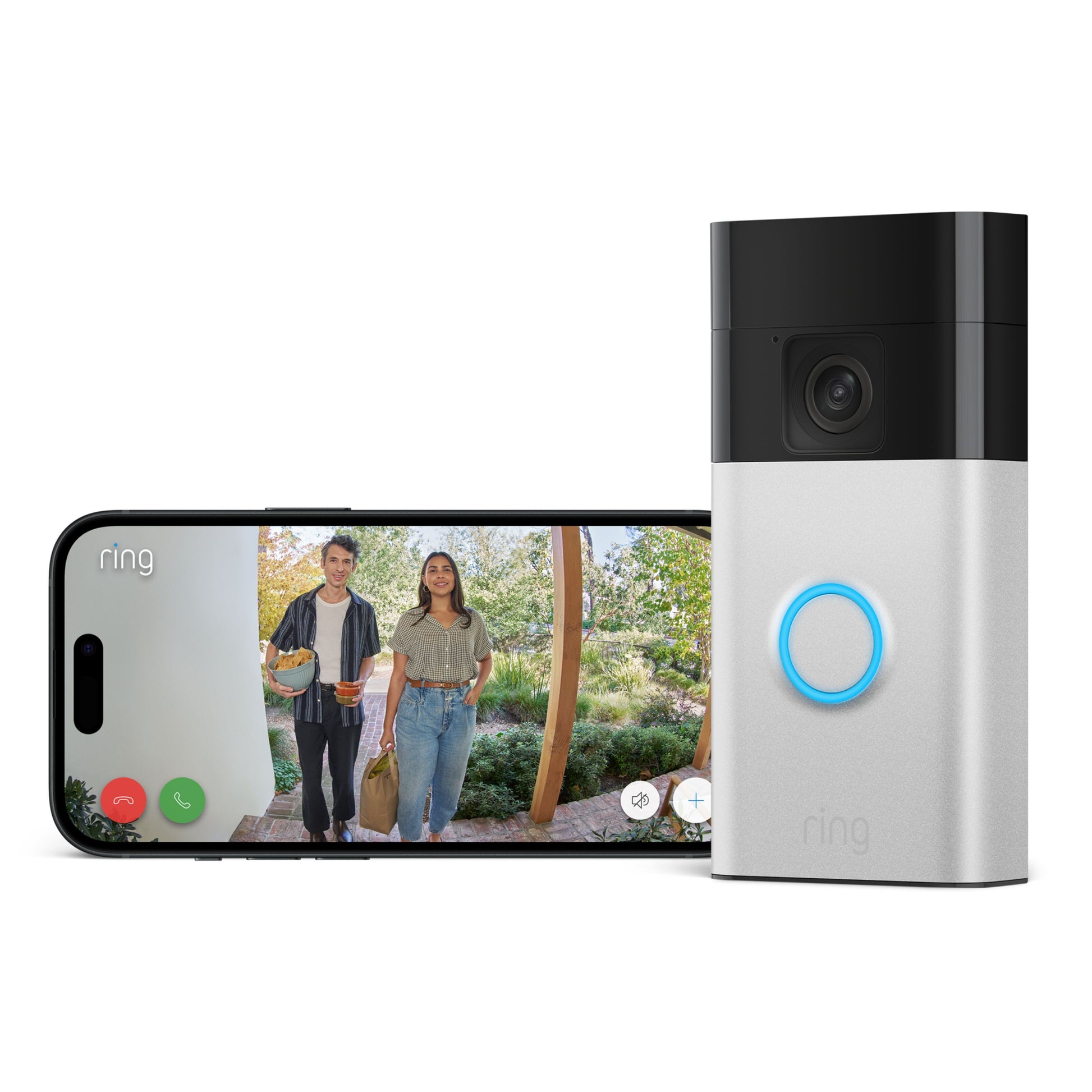 Ring batteridrevet video-dørklokke børstet nikkel ved smartphone med 1440p HD livevideo af et par ved døren.
