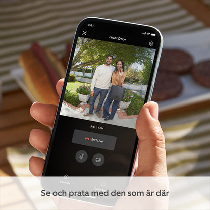 Ring Batteridrevet video-dørklokke Børstet nikkel vises på mobil med 1440p HD videoopkald og svensk tekst på skærmen.