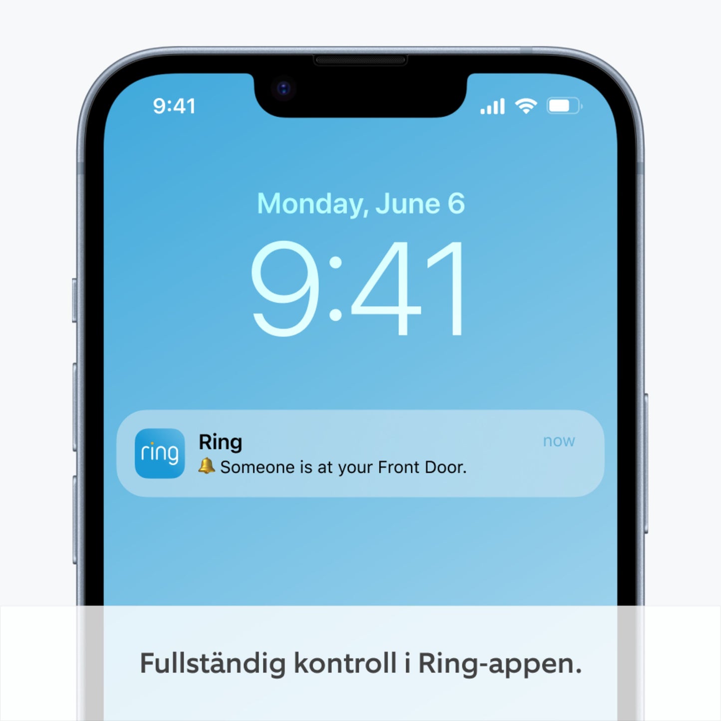 Ring Batteridrevet video-dørklokke Børstet nikkel notifikation på smartphone, skærm viser 9:41, 6. juni.