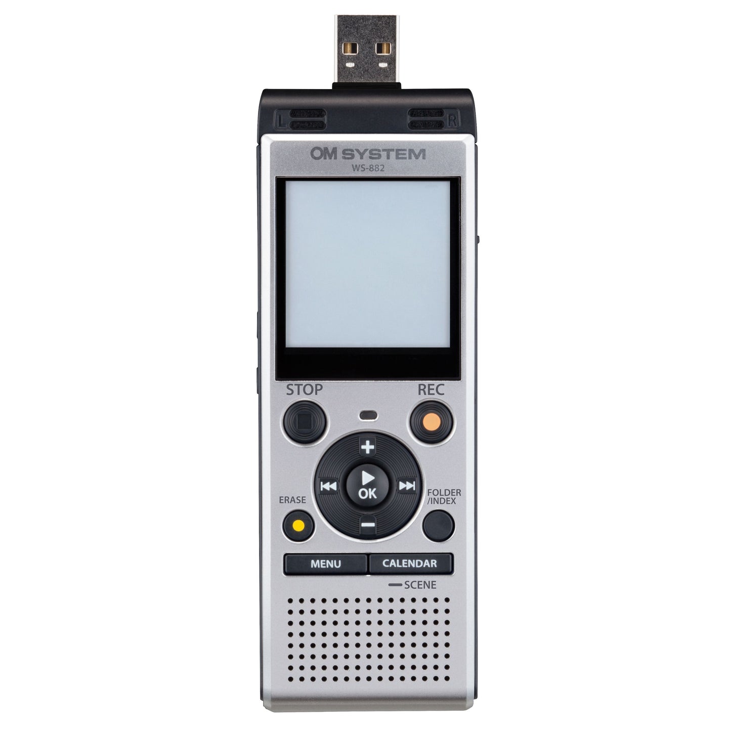 Om System WS-882 diktafon med USB-stik, display og kontrolknapper, sort model, stereooptagelse.