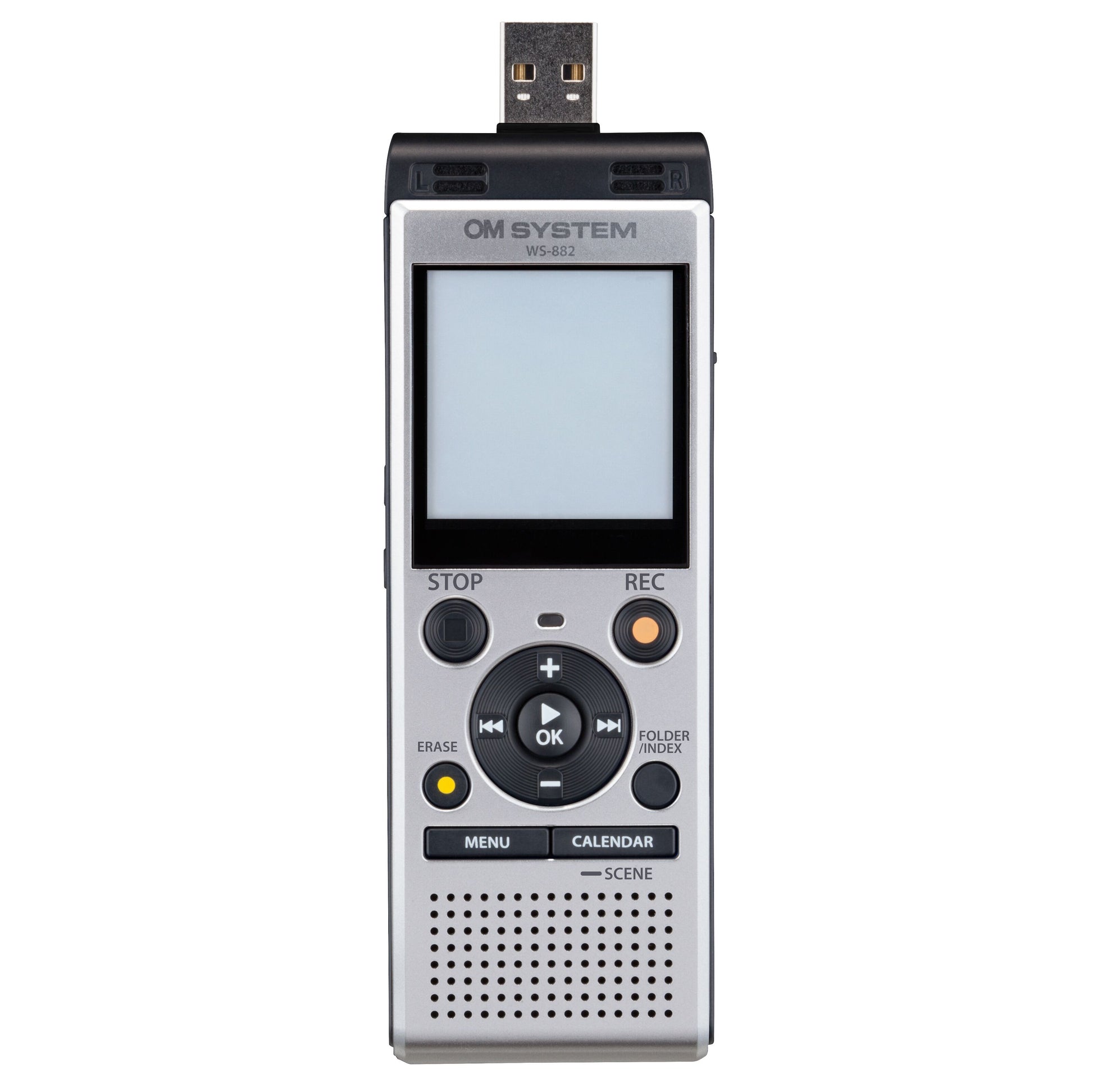 Om System WS-882 diktafon med USB-stik, display og kontrolknapper, sort model, stereooptagelse.