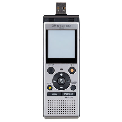 Om System WS-882 diktafon med USB-stik, display og kontrolknapper, sort model, stereooptagelse.