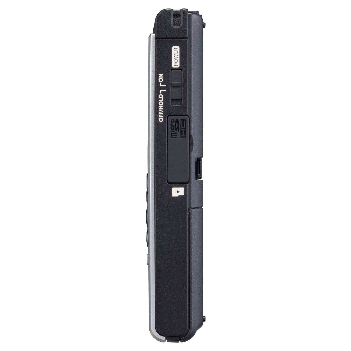 Sort Om System WS-882 diktafon set fra siden med OFF/HOLD/ON og POWER-knapper, microSD-slot og USB-port.