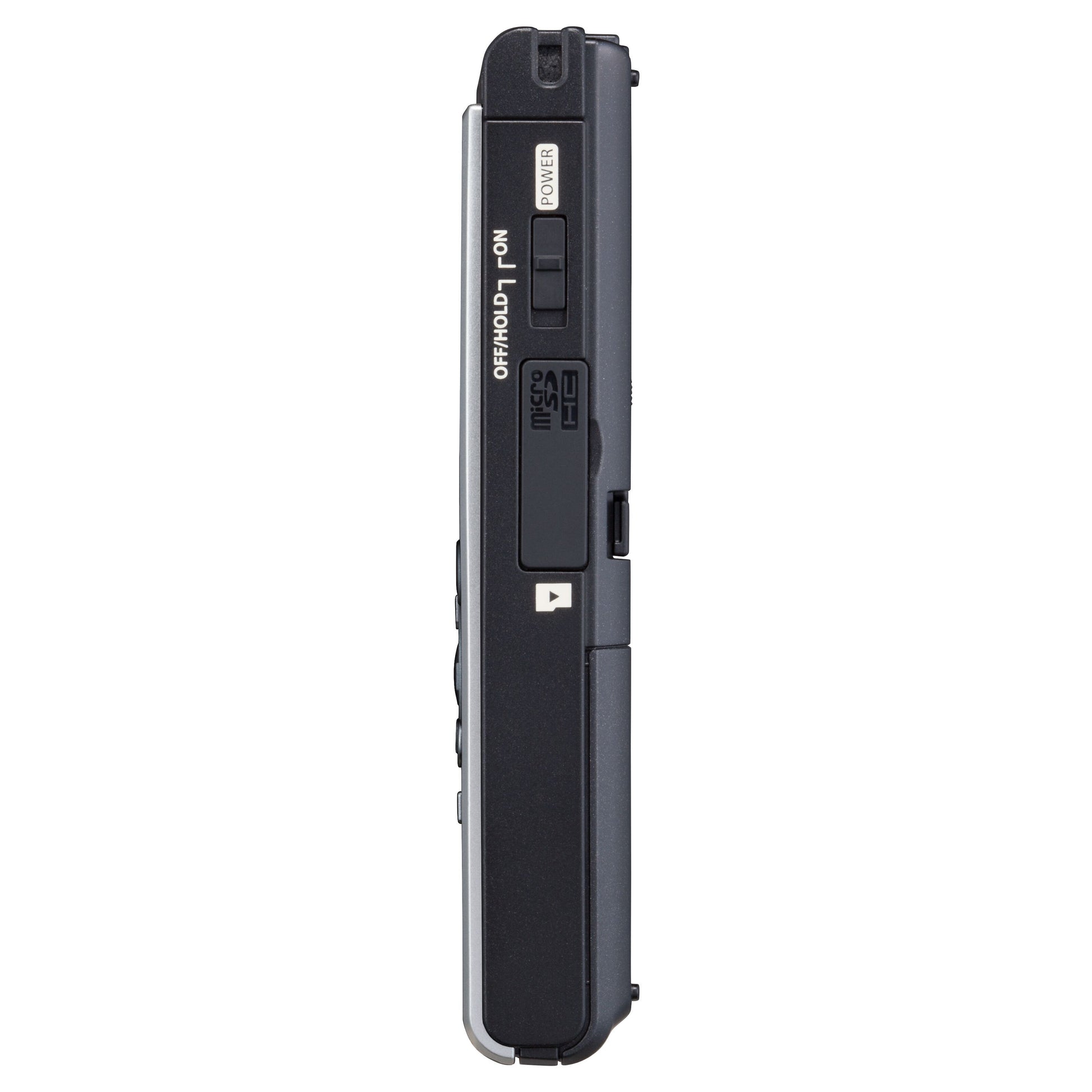 Sort Om System WS-882 diktafon set fra siden med OFF/HOLD/ON og POWER-knapper, microSD-slot og USB-port.