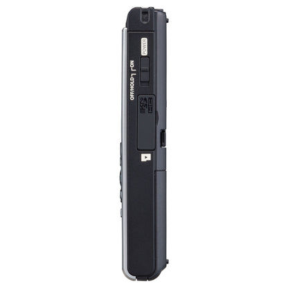 Sort Om System WS-882 diktafon set fra siden med OFF/HOLD/ON og POWER-knapper, microSD-slot og USB-port.