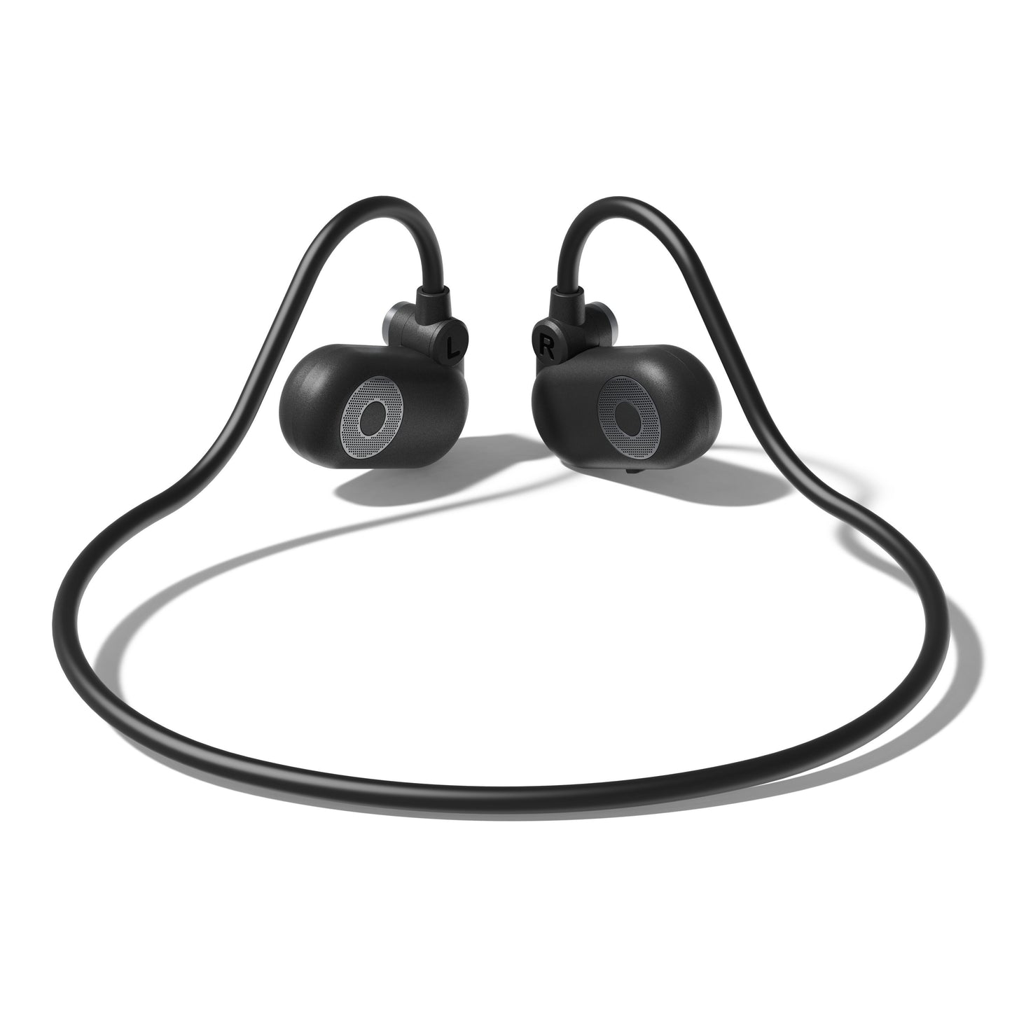 Nomadelic Solo 330 Sport open-ear hovedtelefoner med fleksibelt nakkebånd og L/R mærkning.
