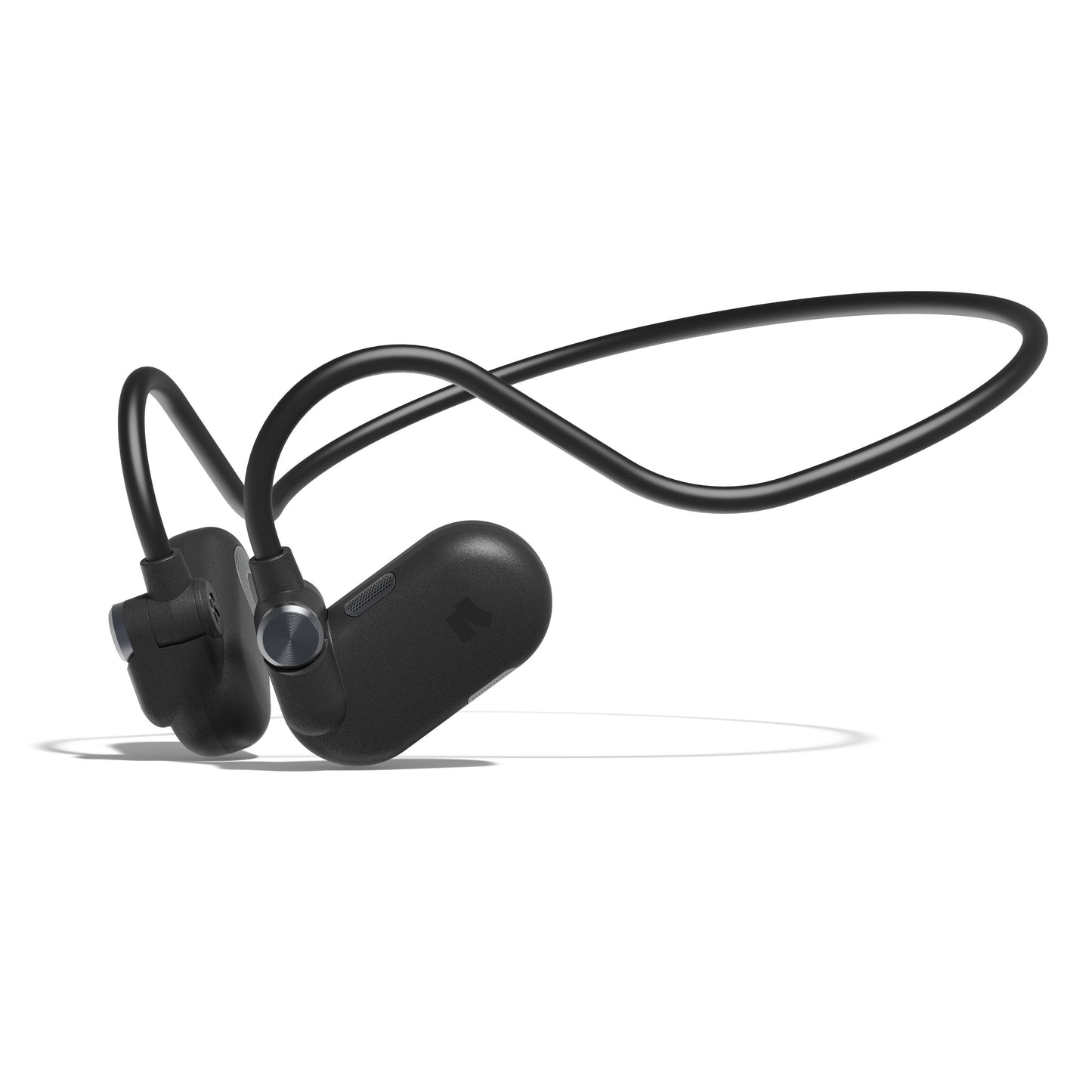 Nomadelic Solo 330 Sport sorte open-ear trådløse Bluetooth-hovedtelefoner med fleksibel nakkebøjle og ørekrog-ørepropper.