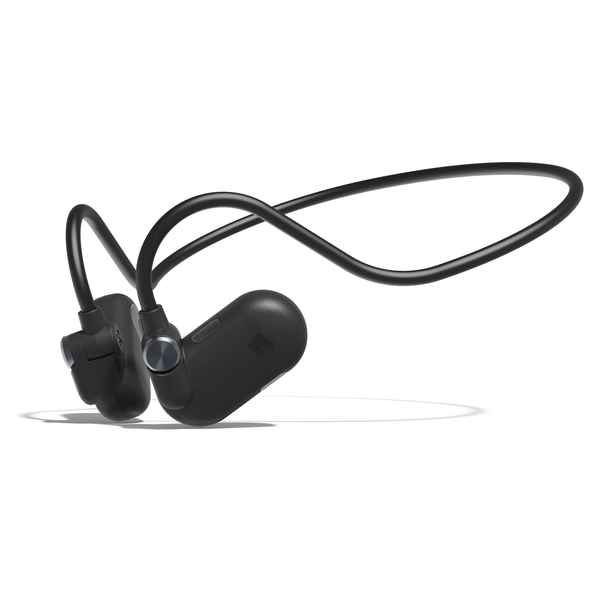 Nomadelic Solo 330 Sport sorte open-ear trådløse Bluetooth-hovedtelefoner med fleksibel nakkebøjle og ørekrog-ørepropper.