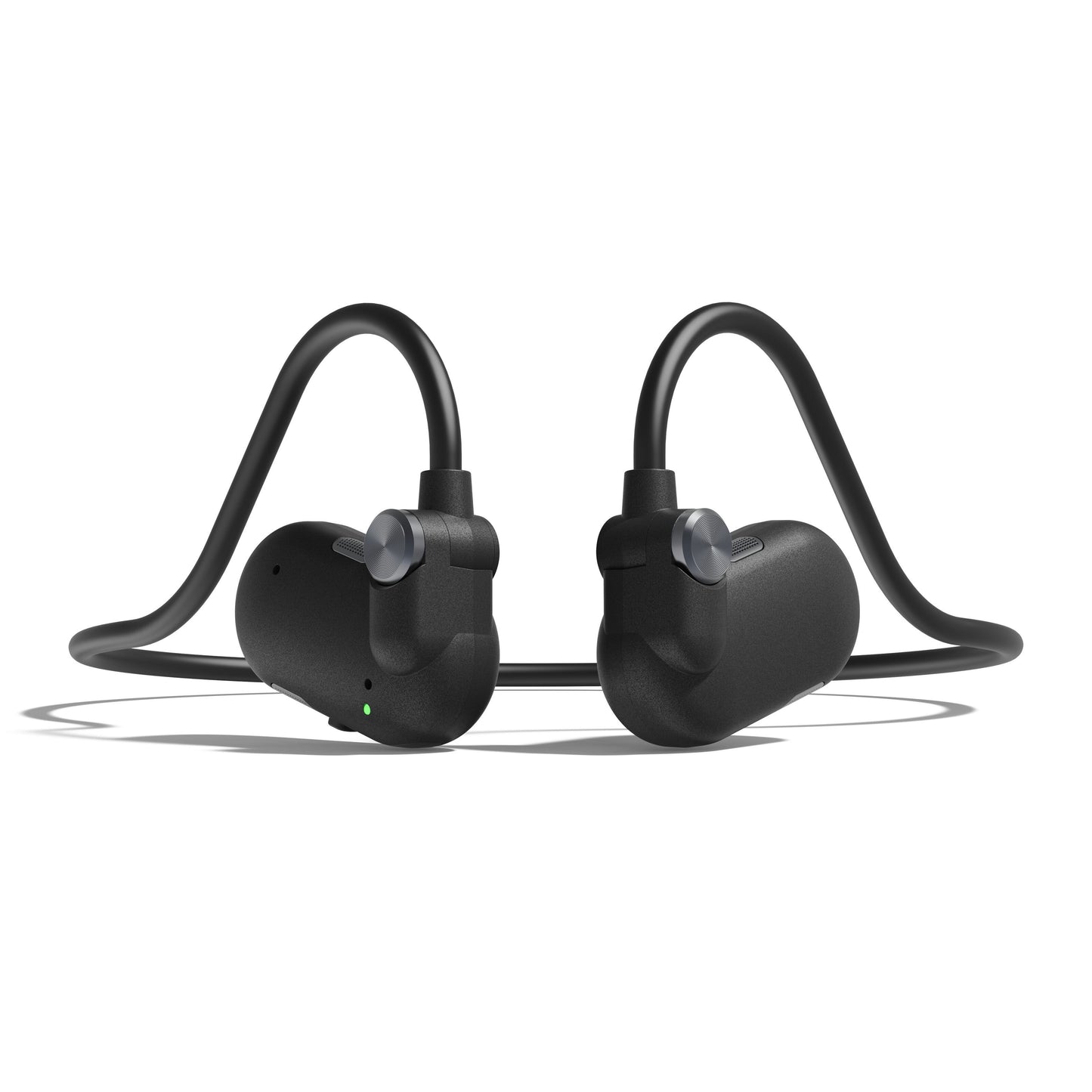 Nomadelic Solo 330 Sport open-ear sort trådløs Bluetooth hovedtelefon med over-ear bøje, nakkebånd og grønt LED-indikatorlys.
