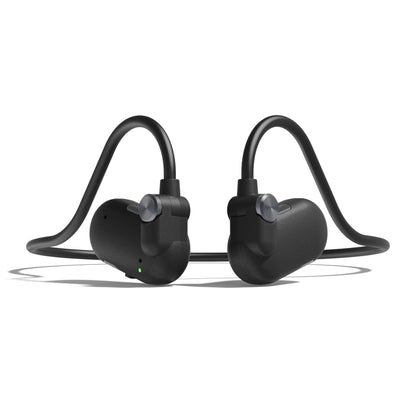 Nomadelic Solo 330 Sport open-ear sort trådløs Bluetooth hovedtelefon med over-ear bøje, nakkebånd og grønt LED-indikatorlys.