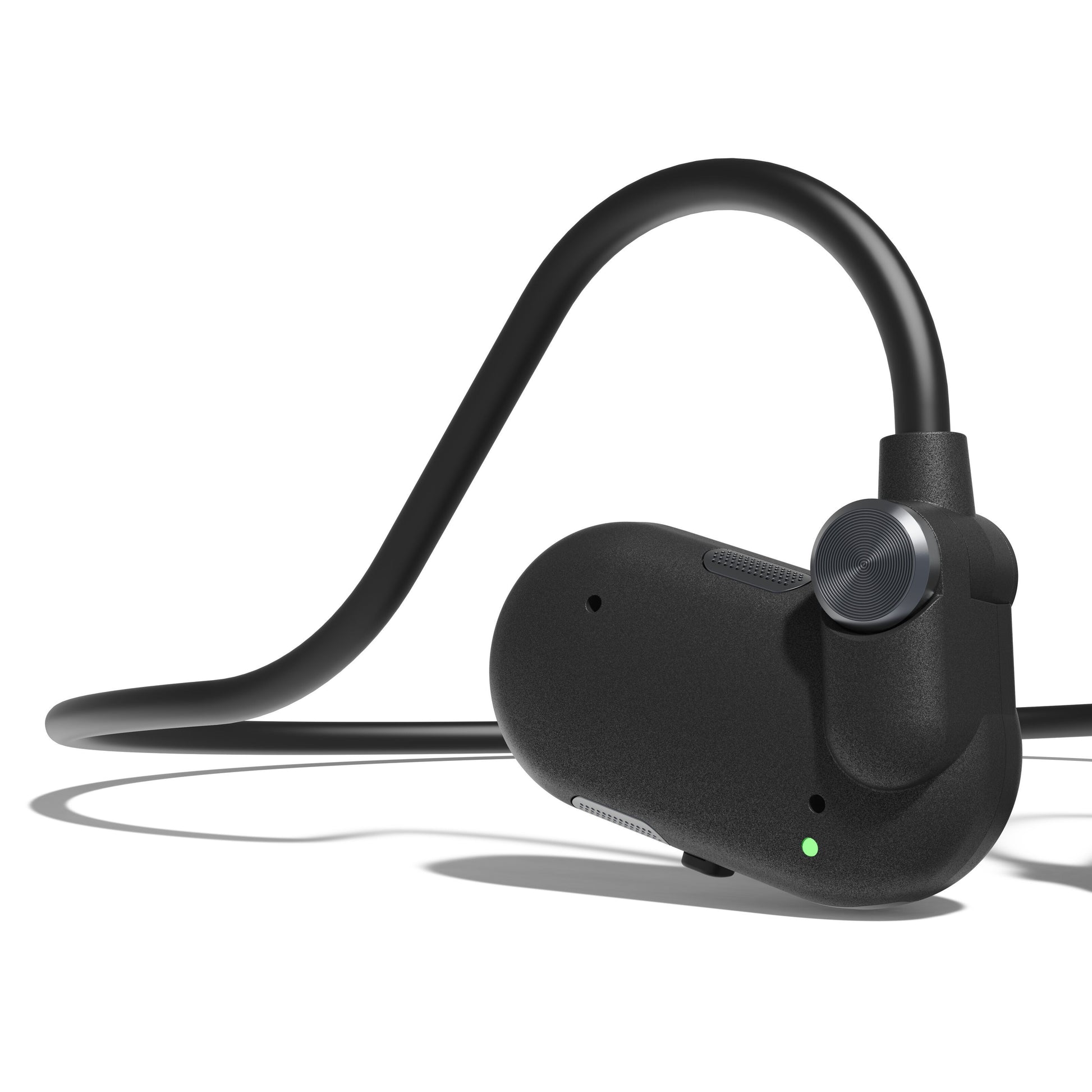 Nomadelic Solo 330 Sport sorte trådløse open-ear Bluetooth hovedtelefoner med over-ear hook, kontrolknap og LED-indikator.