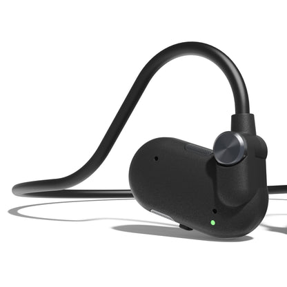 Nomadelic Solo 330 Sport sorte trådløse open-ear Bluetooth hovedtelefoner med over-ear hook, kontrolknap og LED-indikator.