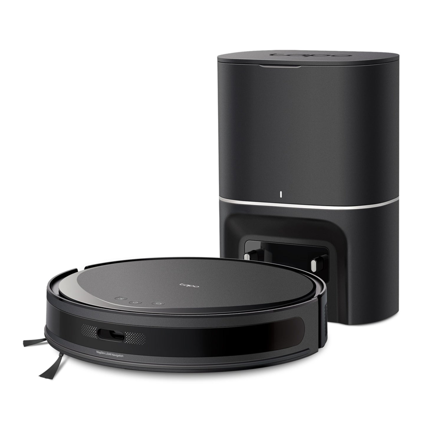 TP-Link Tapo RV20 Max Plus robotstøvsuger med moppefunktion og sort ladestation med sølvdetalje.