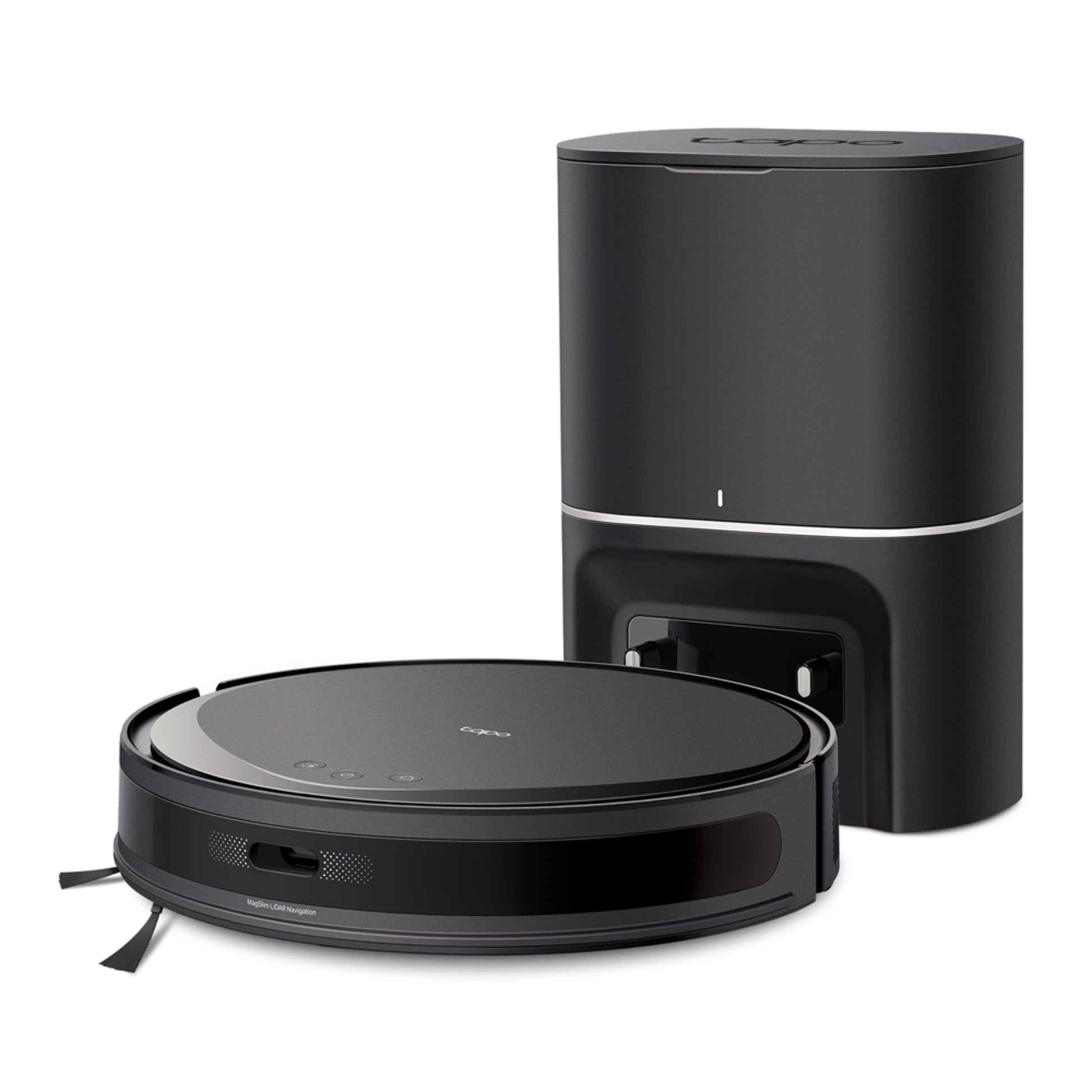 TP-Link Tapo RV20 Max Plus robotstøvsuger med moppefunktion og sort ladestation med sølvdetalje.