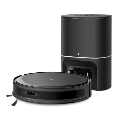 TP-Link Tapo RV20 Max Plus robotstøvsuger med moppefunktion og sort ladestation med sølvdetalje.