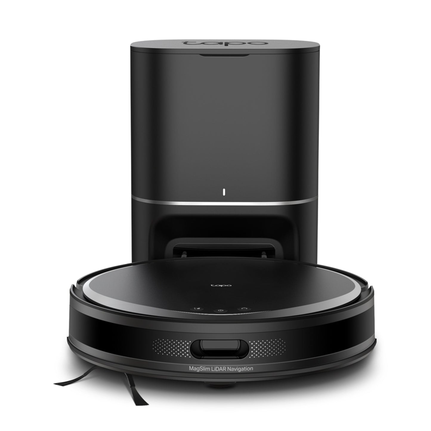 Tapo RV20 Max Plus sort robotstøvsuger, cirkulær, foran høj ladestation med automatisk tømning, MagSlim LiDAR Navigation.