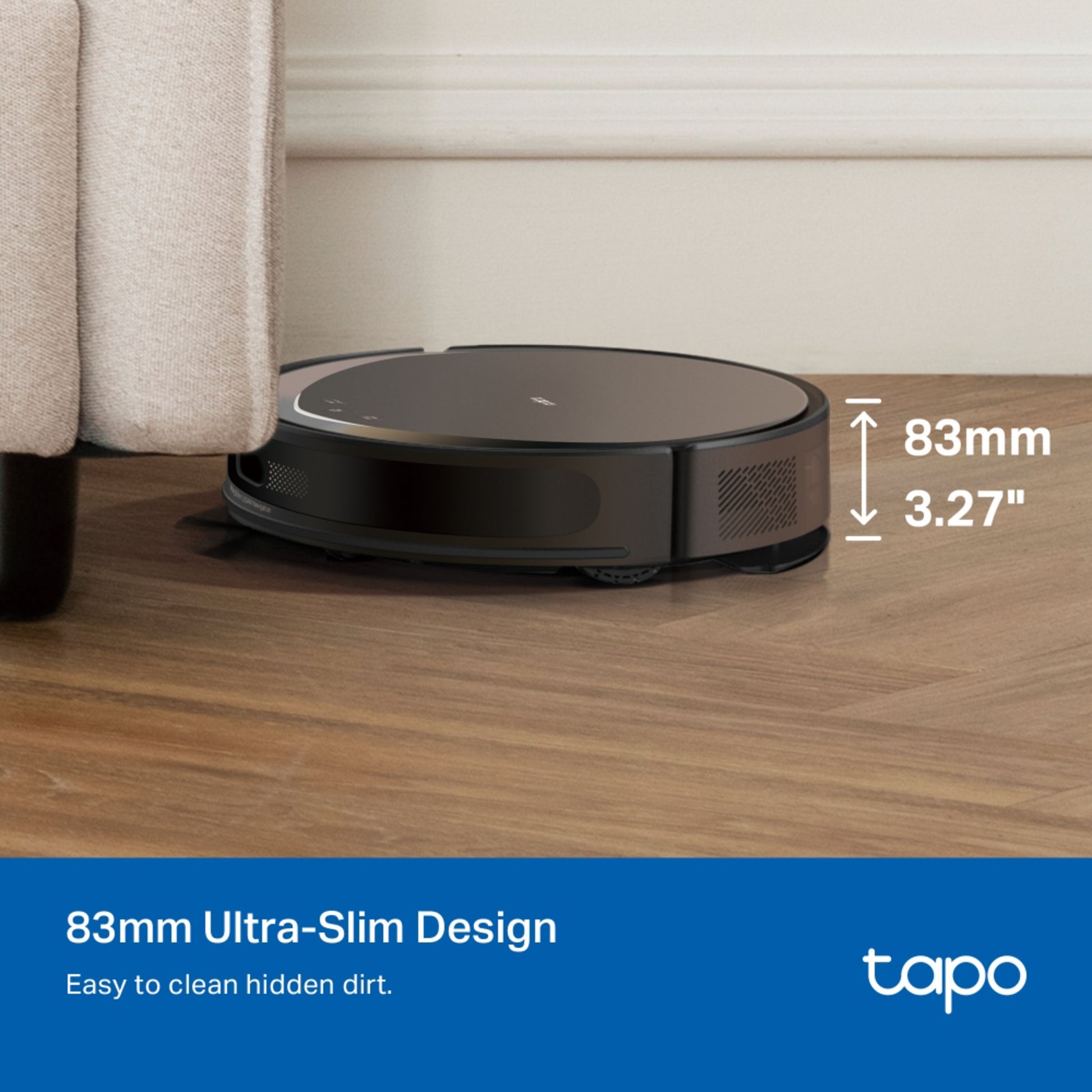 Tapo RV20 Max Plus robotstøvsuger sort med moppefunktion, 83mm ultra-slank design, Tapo-logo synlig.