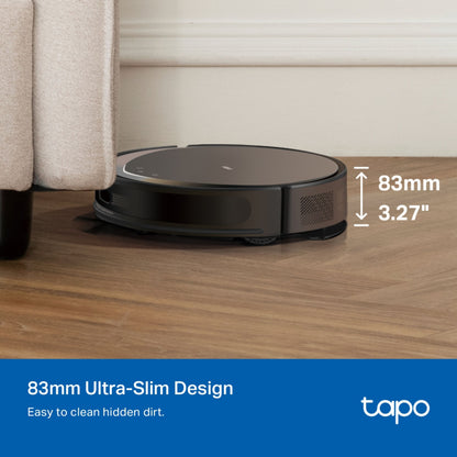 Tapo RV20 Max Plus robotstøvsuger sort med moppefunktion, 83mm ultra-slank design, Tapo-logo synlig.