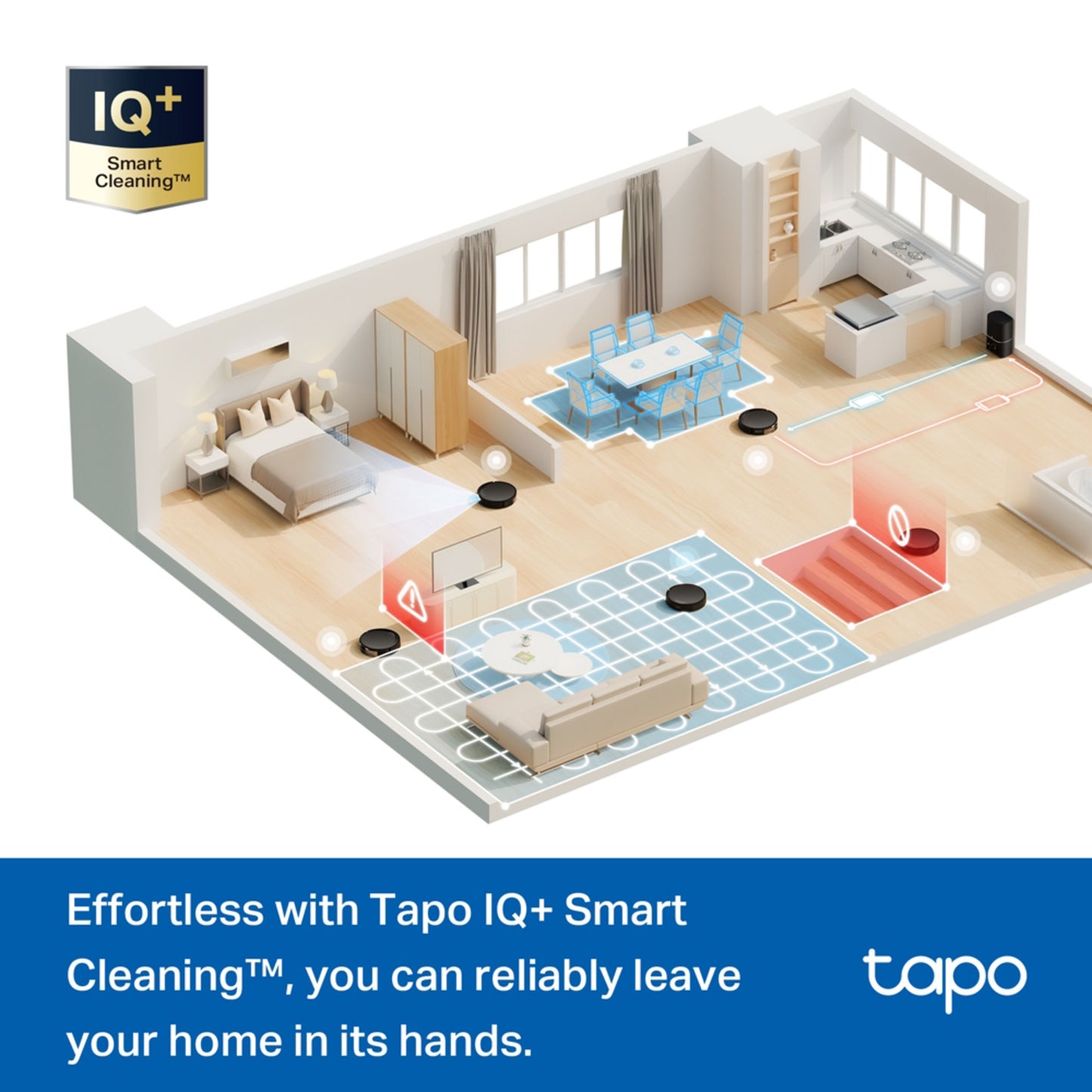 Tapo RV20 Max Plus robotstøvsuger med moppefunktion vist i lejlighedens soveværelse, køkken og spiseområde.