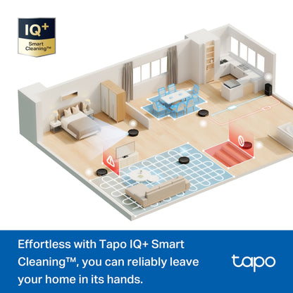 Tapo RV20 Max Plus robotstøvsuger med moppefunktion vist i lejlighedens soveværelse, køkken og spiseområde.