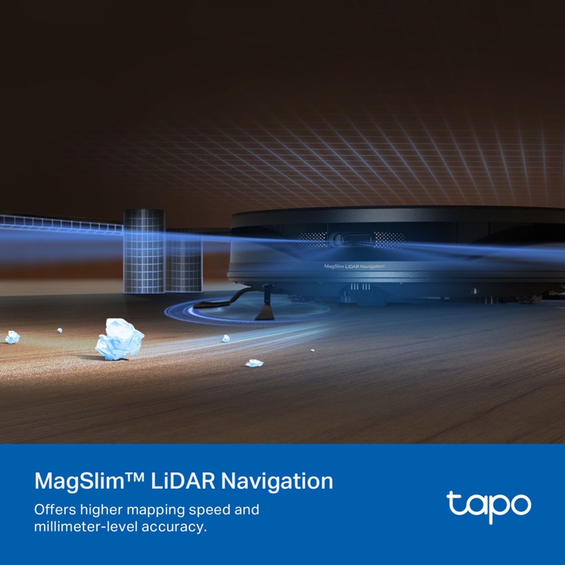 Tapo RV20 Max Plus robotstøvsuger med moppefunktion, MagSlim LiDAR Navigation, tekst: "MagSlim LiDAR Navigation tapo.
