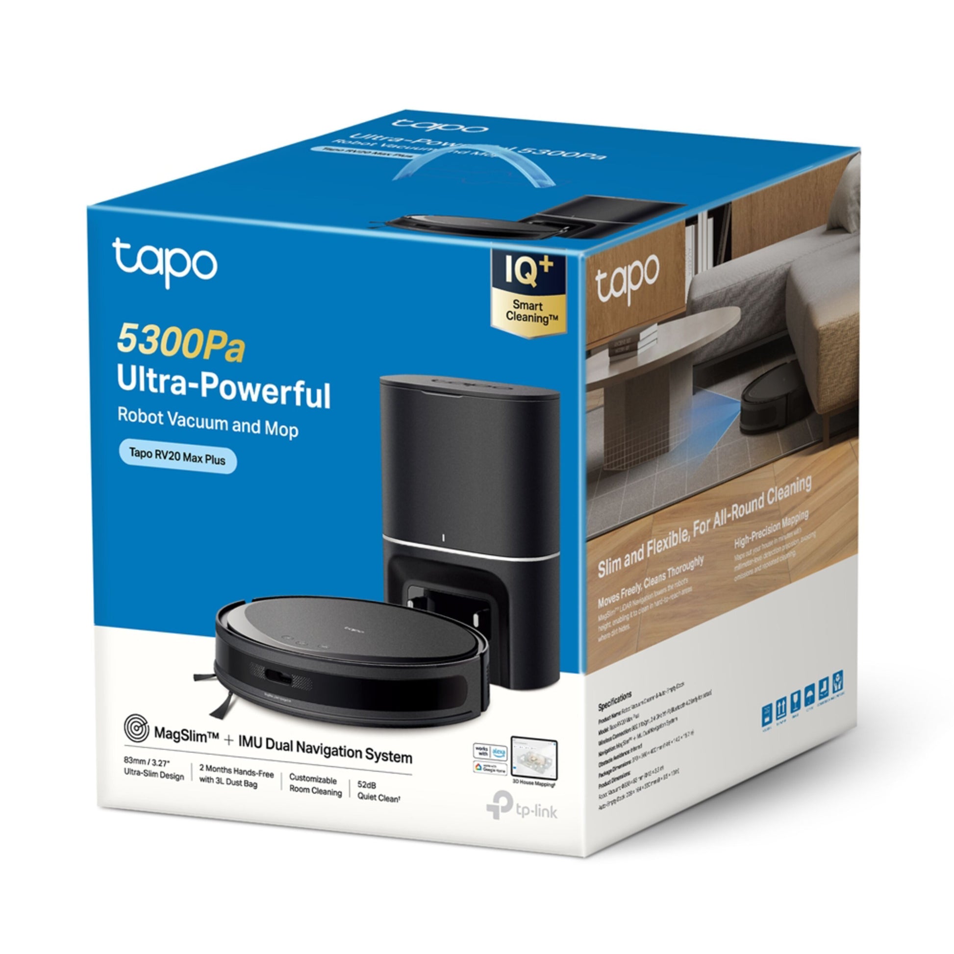TP-Link Tapo RV20 Max Plus robotstøvsuger retail box med moppefunktion, 5300Pa sugeevne, smart navigation, automatisk tømning.